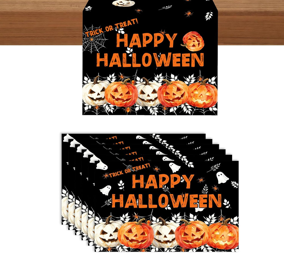Happy Halloween Pumpkin Ghost Table Runner and Place Mats Set of 6 108 in