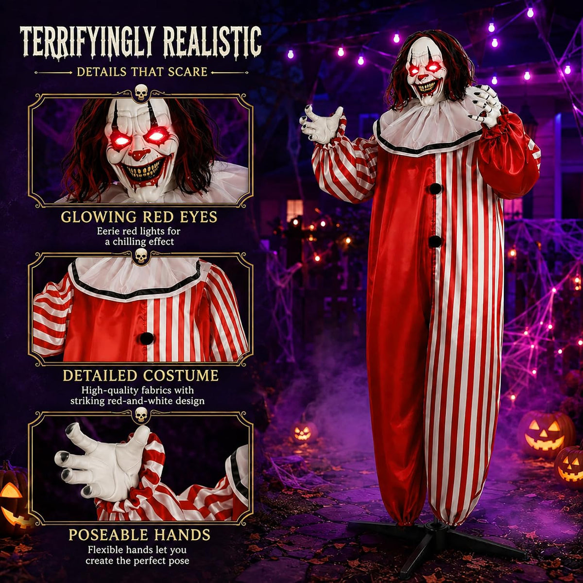 65" Halloween Decoration, Scary Animatronic Clown Prop w/LED Light-Up Ey...