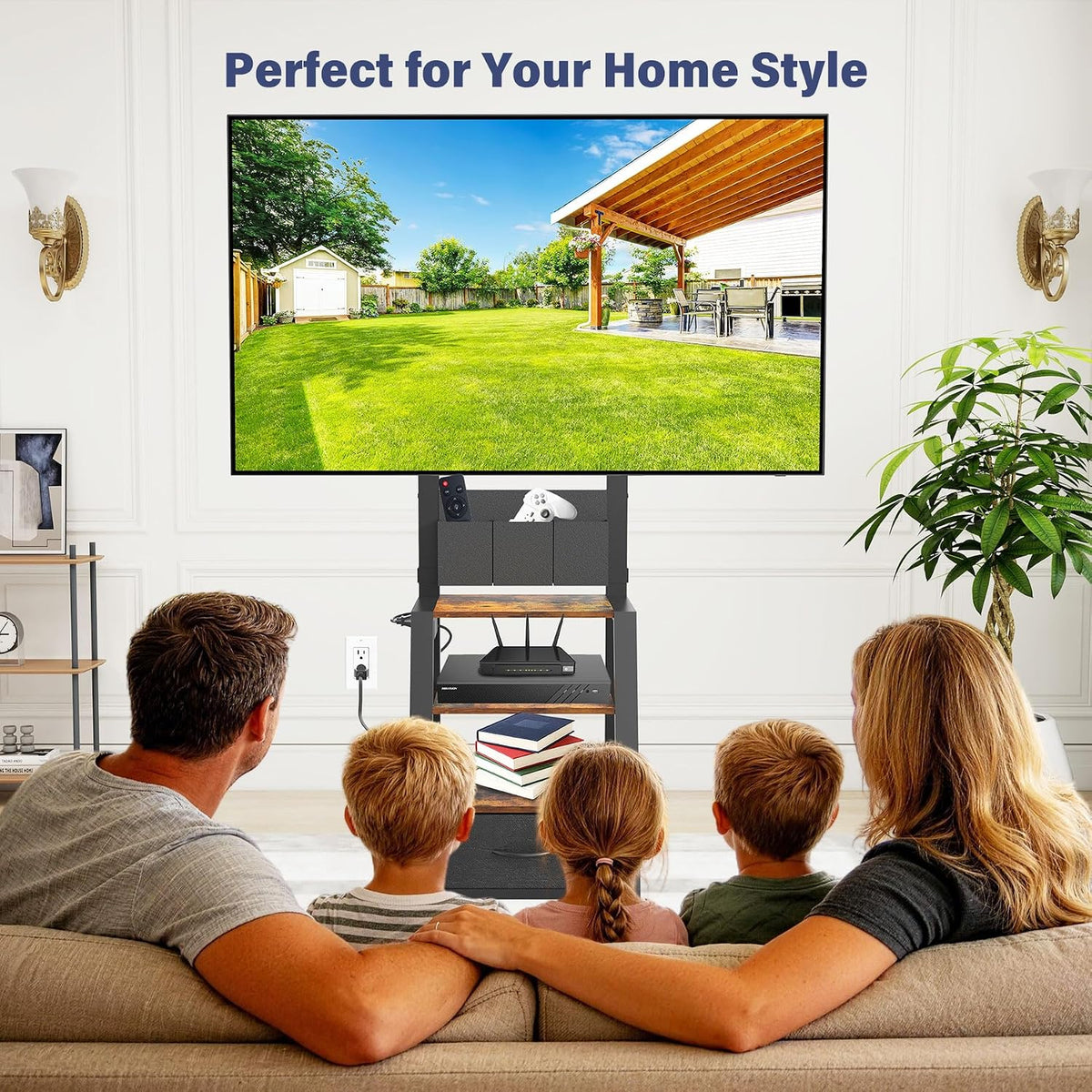 Rolling TV Stand with Power Outlet & 4-Tier Storage for 23-60 Inch Flat/C...