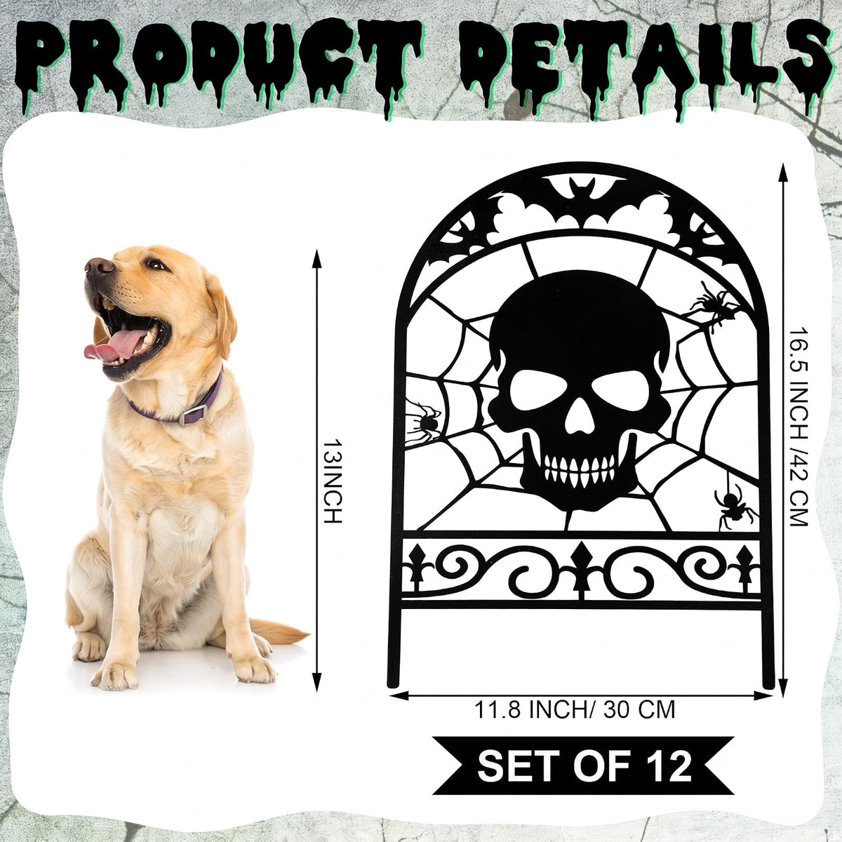 Yaocom 12 Pack Halloween Skull Fence, 16.5" H x 11.8" W Metal Outdo...