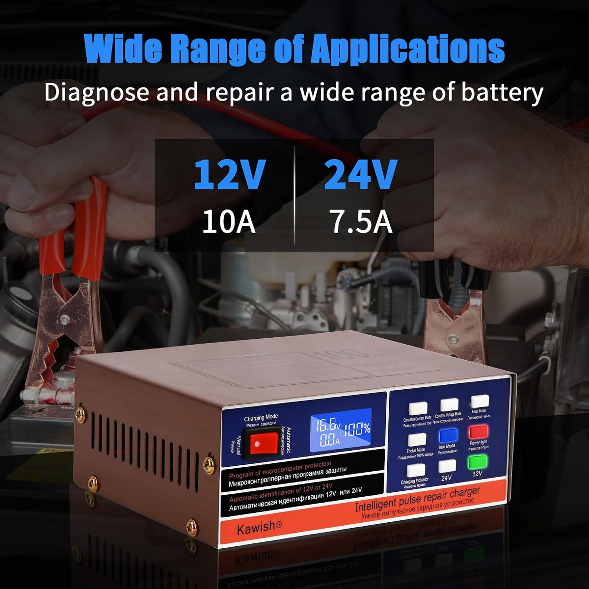 Full Automatic Car Battery Charger 12V/10A | 24V/7.5A Intelligent Pulse Repai...