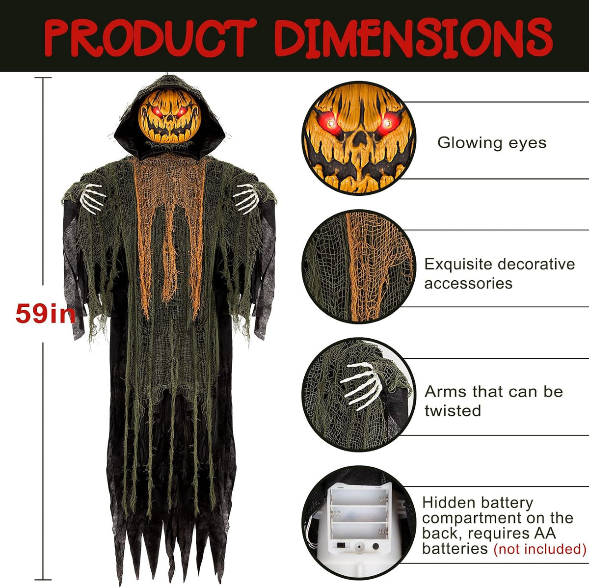 59โ Halloween Hanging Animatronics Pumpkin Decoration with Sound Activated