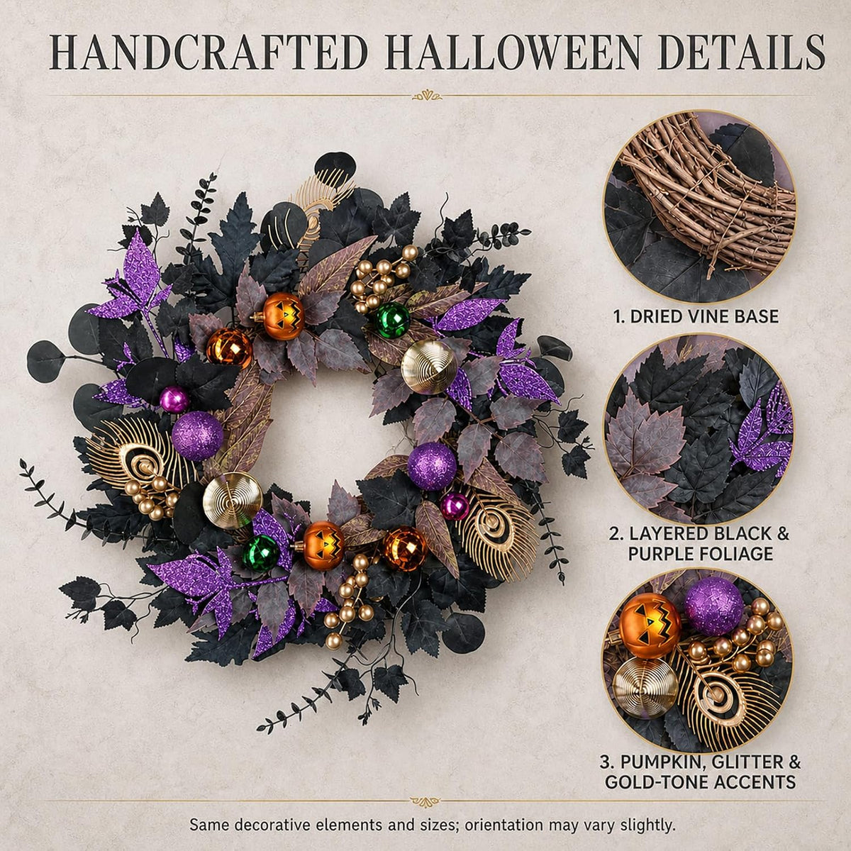 22-Inch Black and Purple Halloween Wreath for Front Door with Light String