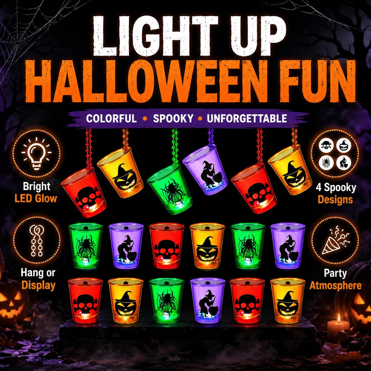 Henoyso 24 Pcs Halloween Shot Glass on Beaded Necklace Skull Plastic Shot Gla...