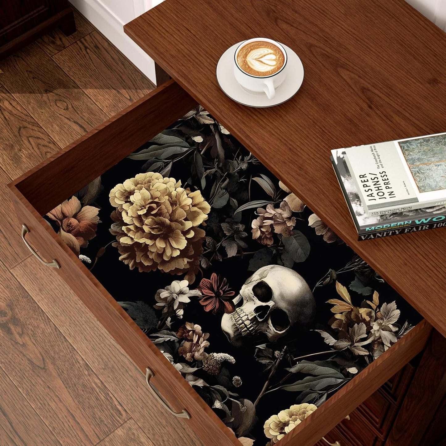 BOKEBEVE Gothic Skull Peel and Stick Wallpaper Vintage Black 17.5 x 118In | Floral Contact Paper Self Adhesive Removable Renter Friendly Wall Paper for Feature Wall Bedroom Bathroom Halloween Decor