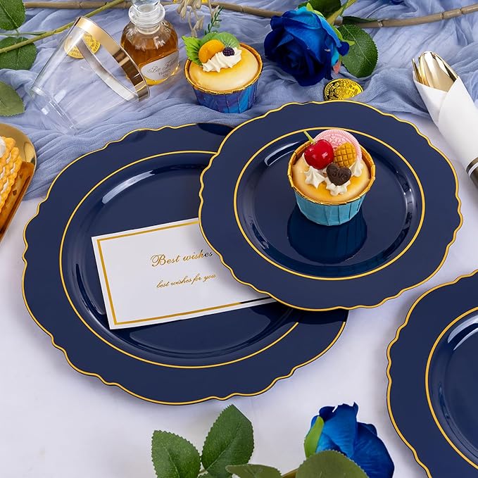 Liacere 350PCS Navy Blue Plastic Plates-Disposable Blue Gold Plates 50guest P...