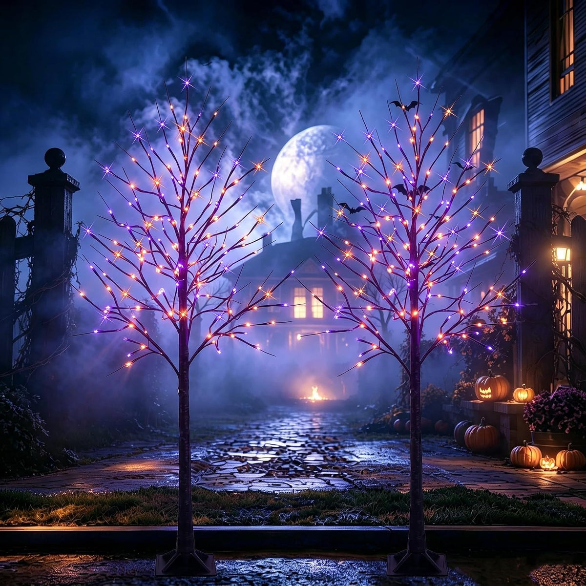 Dazzle Bright 2 Pack Halloween Lighted Up Birch Tree, Total 96 LED Purple and...