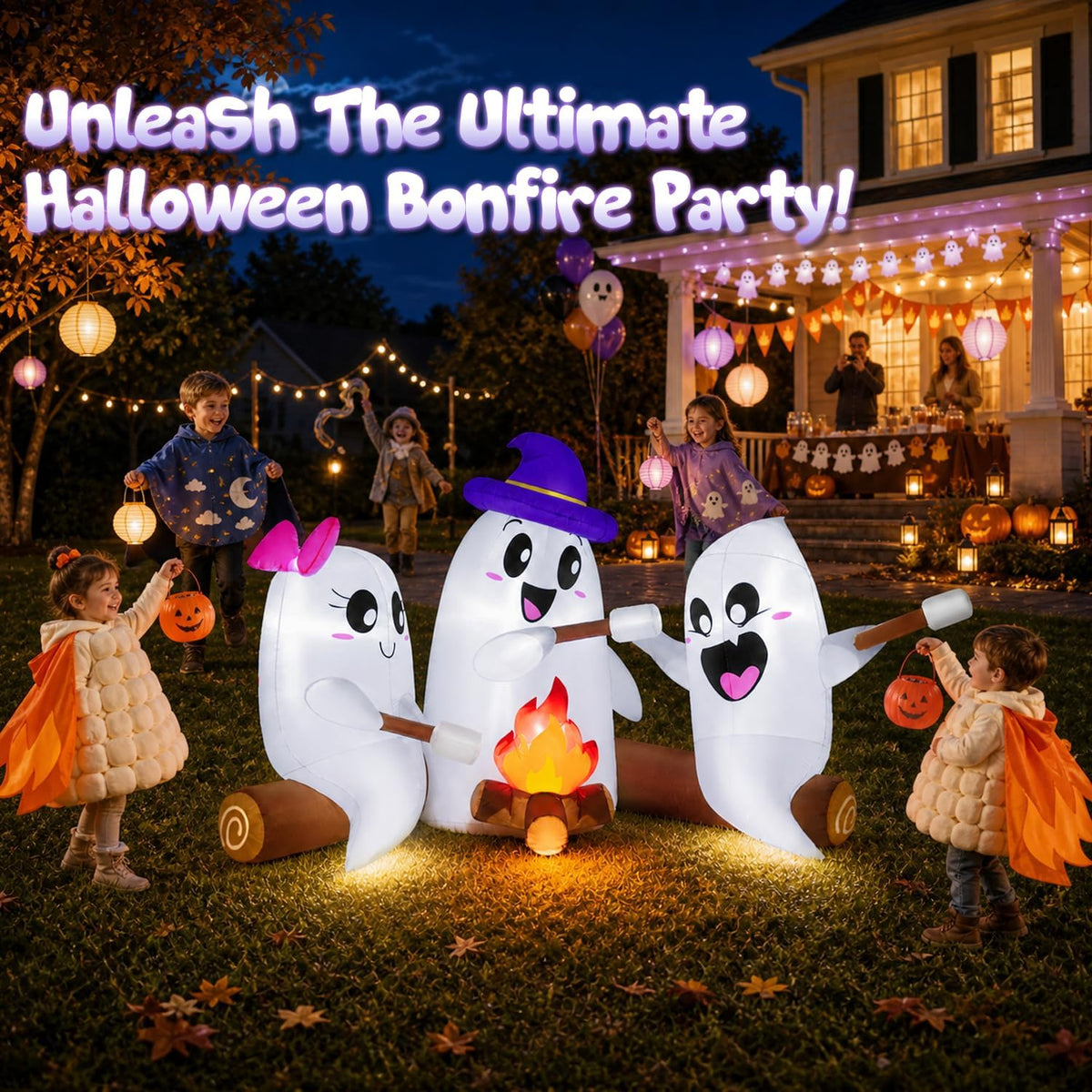 zukakii 6FT Long Halloween Inflatables Decorations Outdoor Campfire Ghosts Ad...
