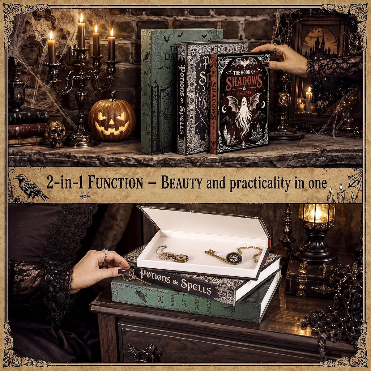 3 Pcs Halloween Decorative Book Boxes, Gothic Spellbook Faux Book