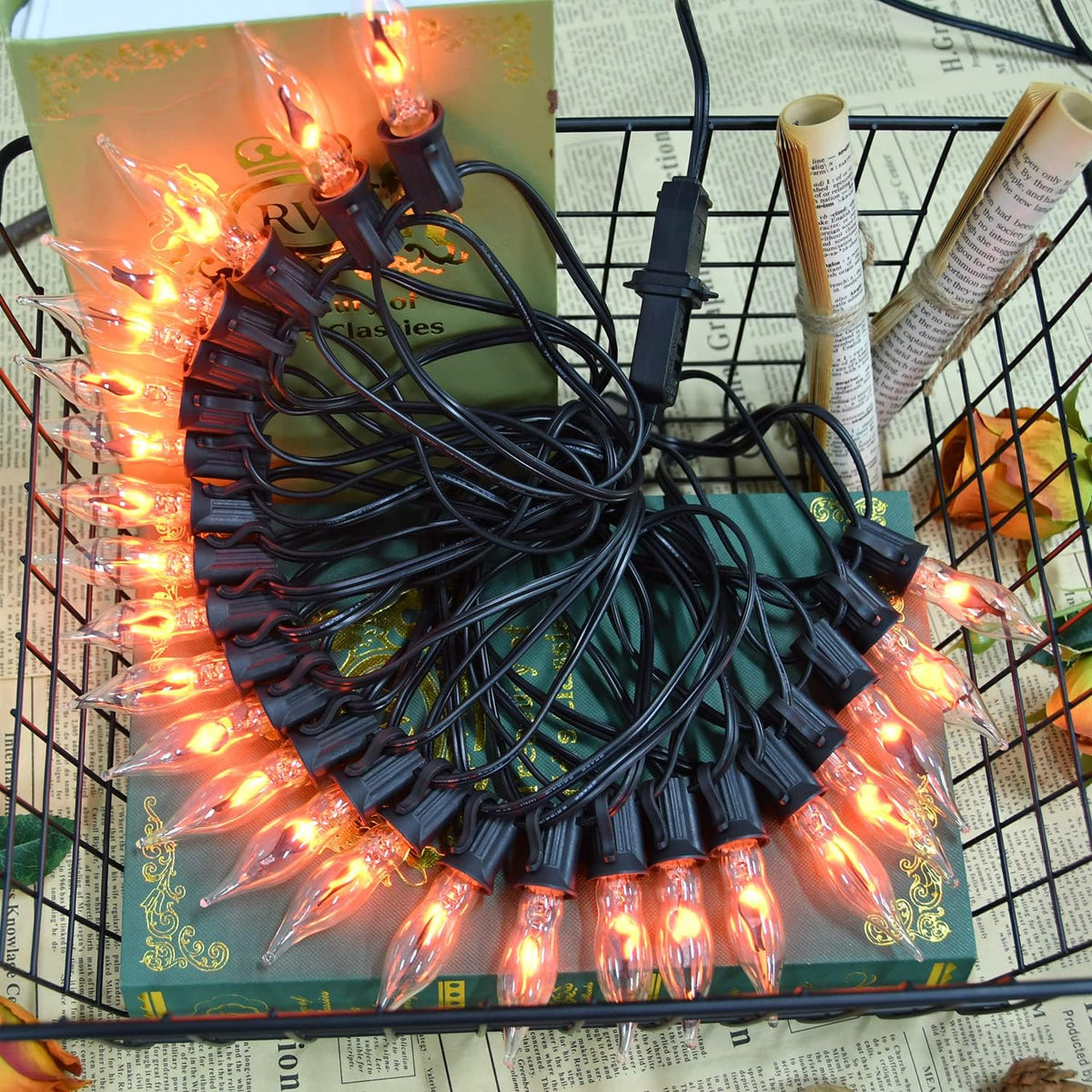 PASUTO 27.8Ft Halloween Decor Lights Flickering Flame String Lights with 25+4...