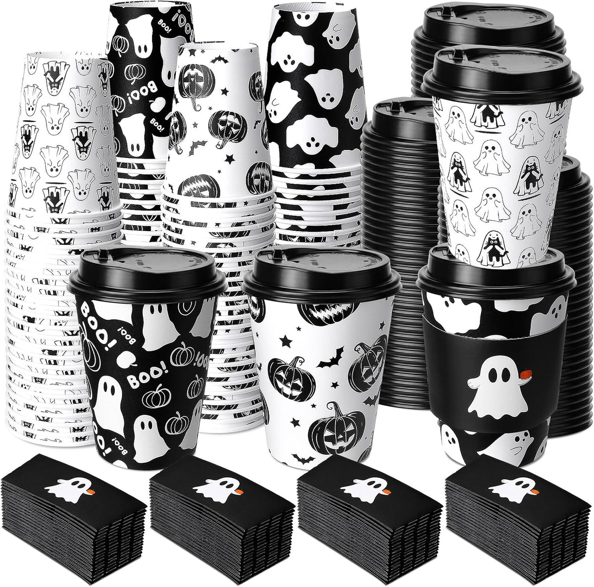 Suclain 100 Sets Halloween Disposable Coffee Cups with Lids & Sleeves, 12...