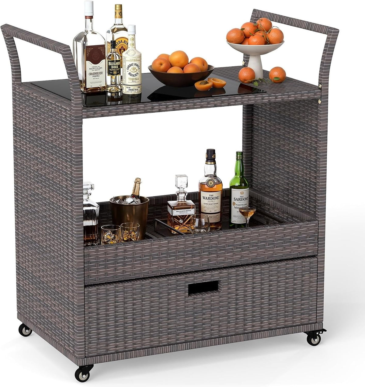 Tangkula Rolling Rattan Bar Cart,Bar Counter Table with Tempered Glass Top