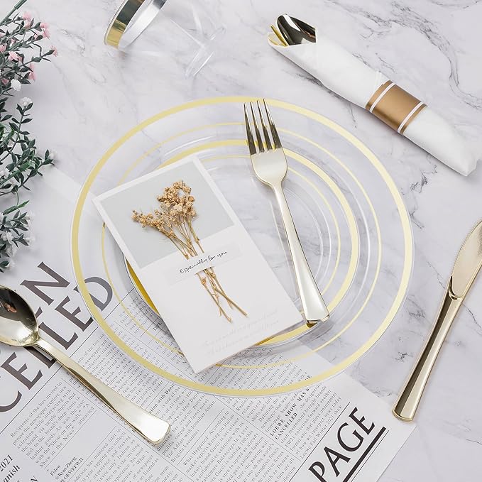 BESTVIP 350PCS Clear Gold Plastic Dinnerware Set for 50 Guests, Disposable Pa...