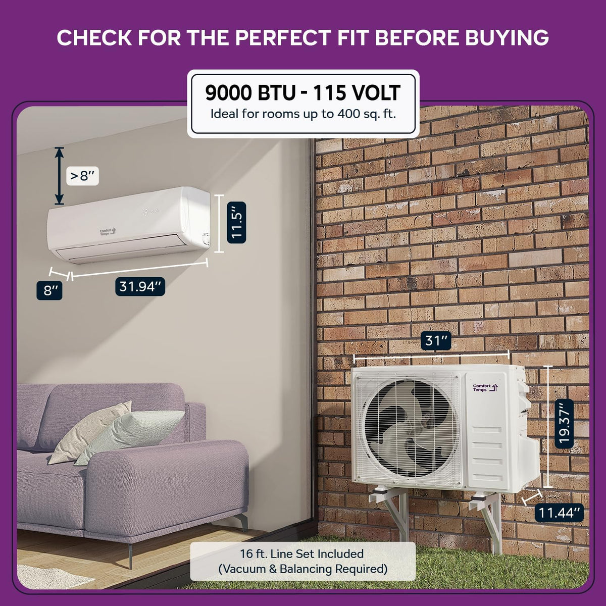 Comfort Temps Energy-Saving 9000 BTU Mini Split 110V โ 19 SEER, Pre-Charged, ...