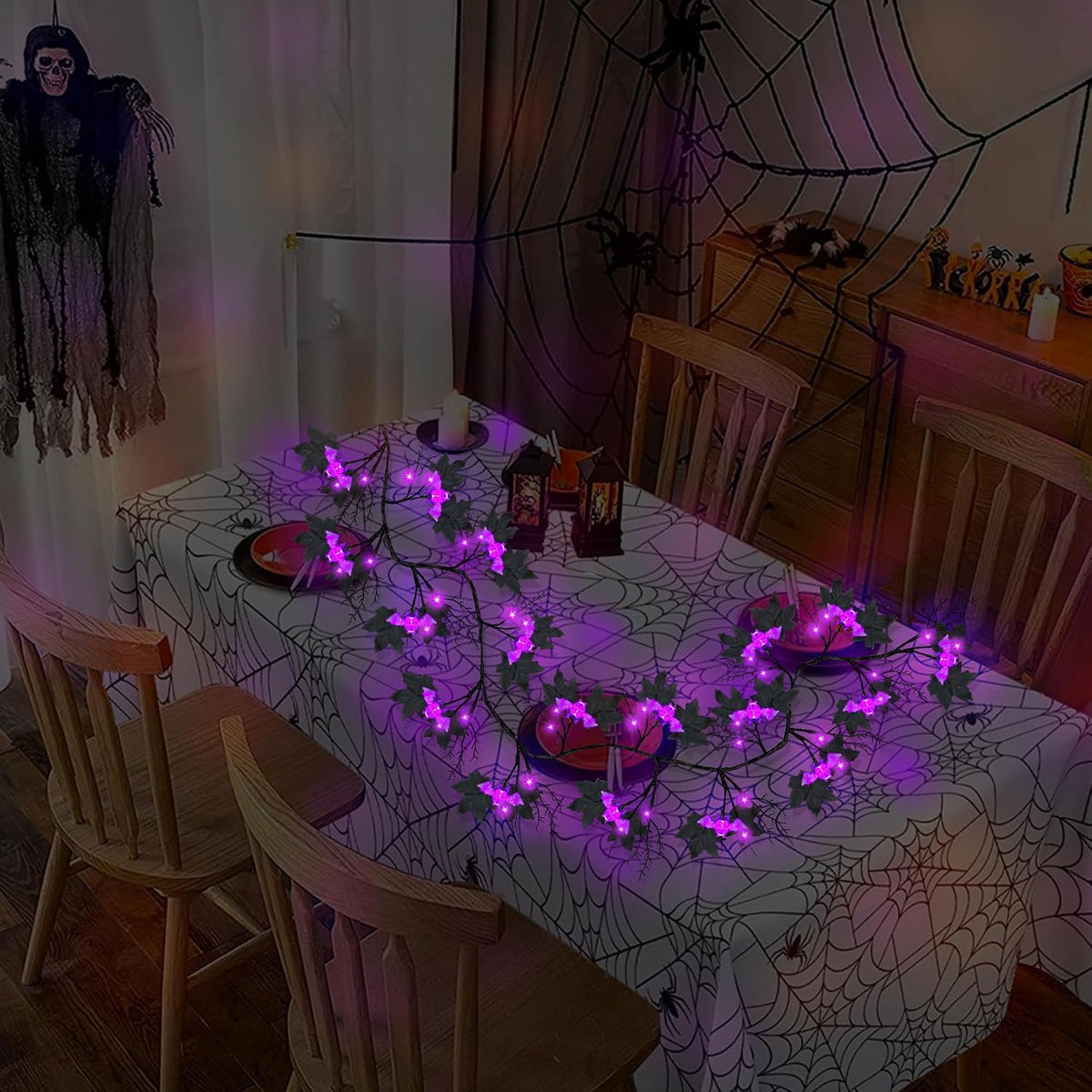 9FT 72 LED Halloween Willow Vine Twig Decor Black Halloween Garland with Bat ...