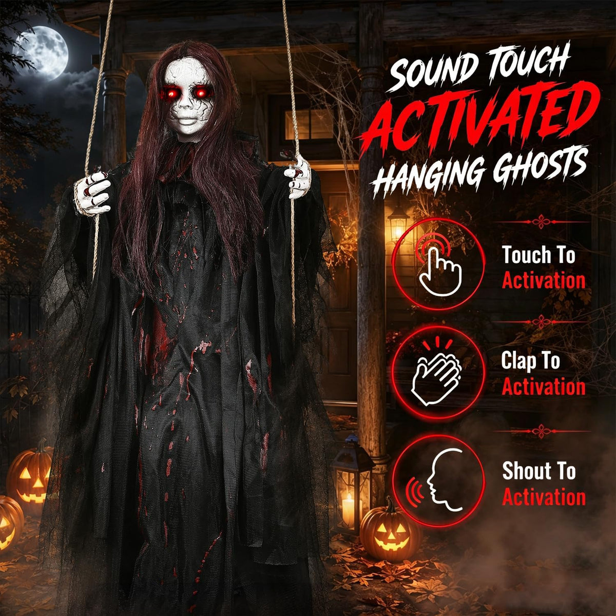 59" Scary Hanging Ghost Girl Halloween Decoration โ Sound & Touch Ac...