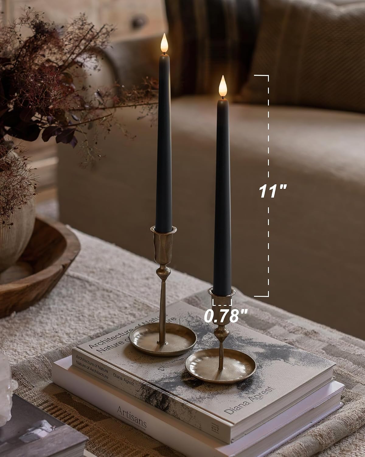 Homemory 12 Pcs Black Flameless Taper Candles Flickering, NO Remote, 11 Inche...