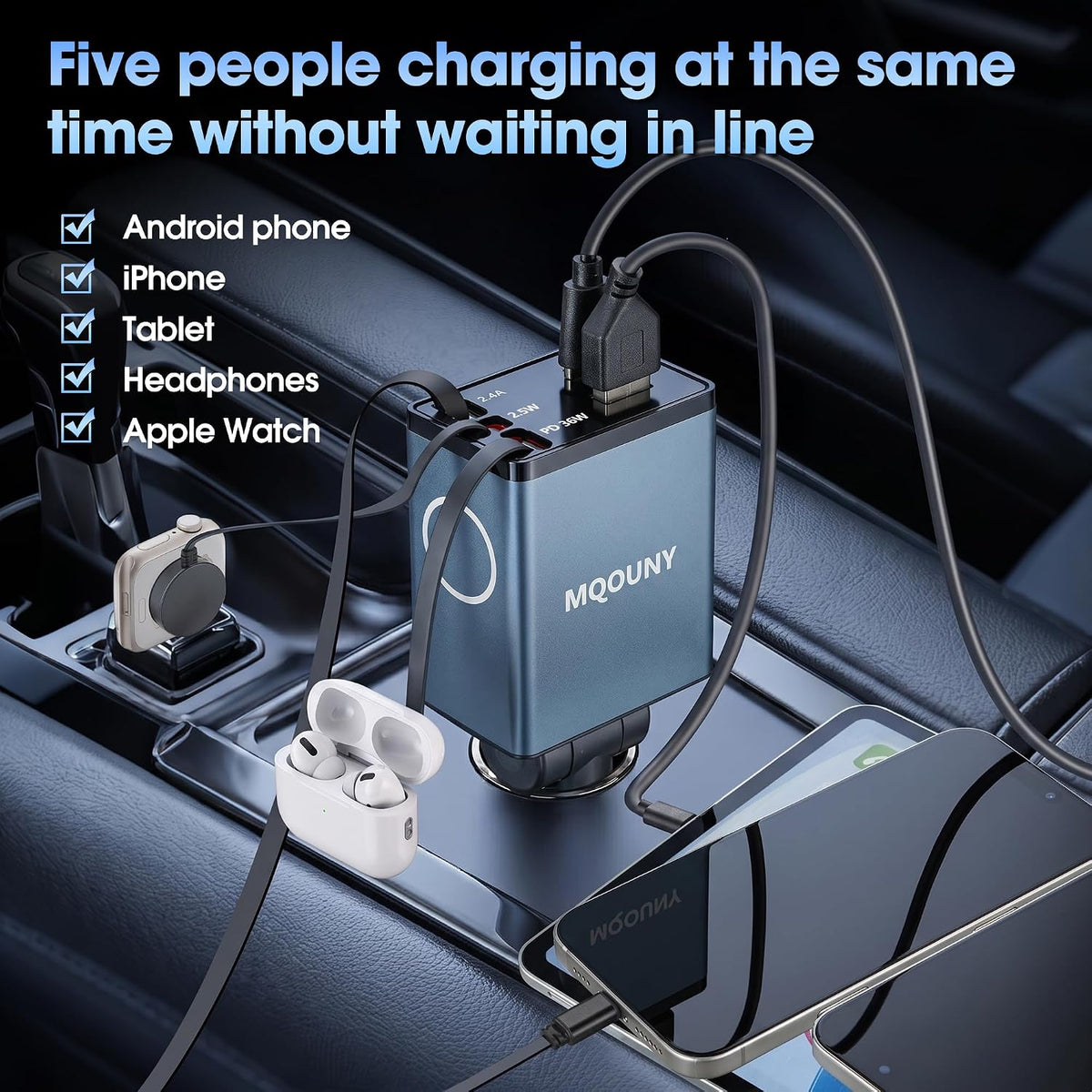 MQOUNY Retractable Car Charger, 87W USB C Fast Charge