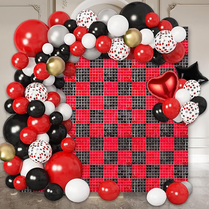 24PCS Black Red Shimmer Wall Backdrop, Square Sequin Photo Backdrops Panel, G...