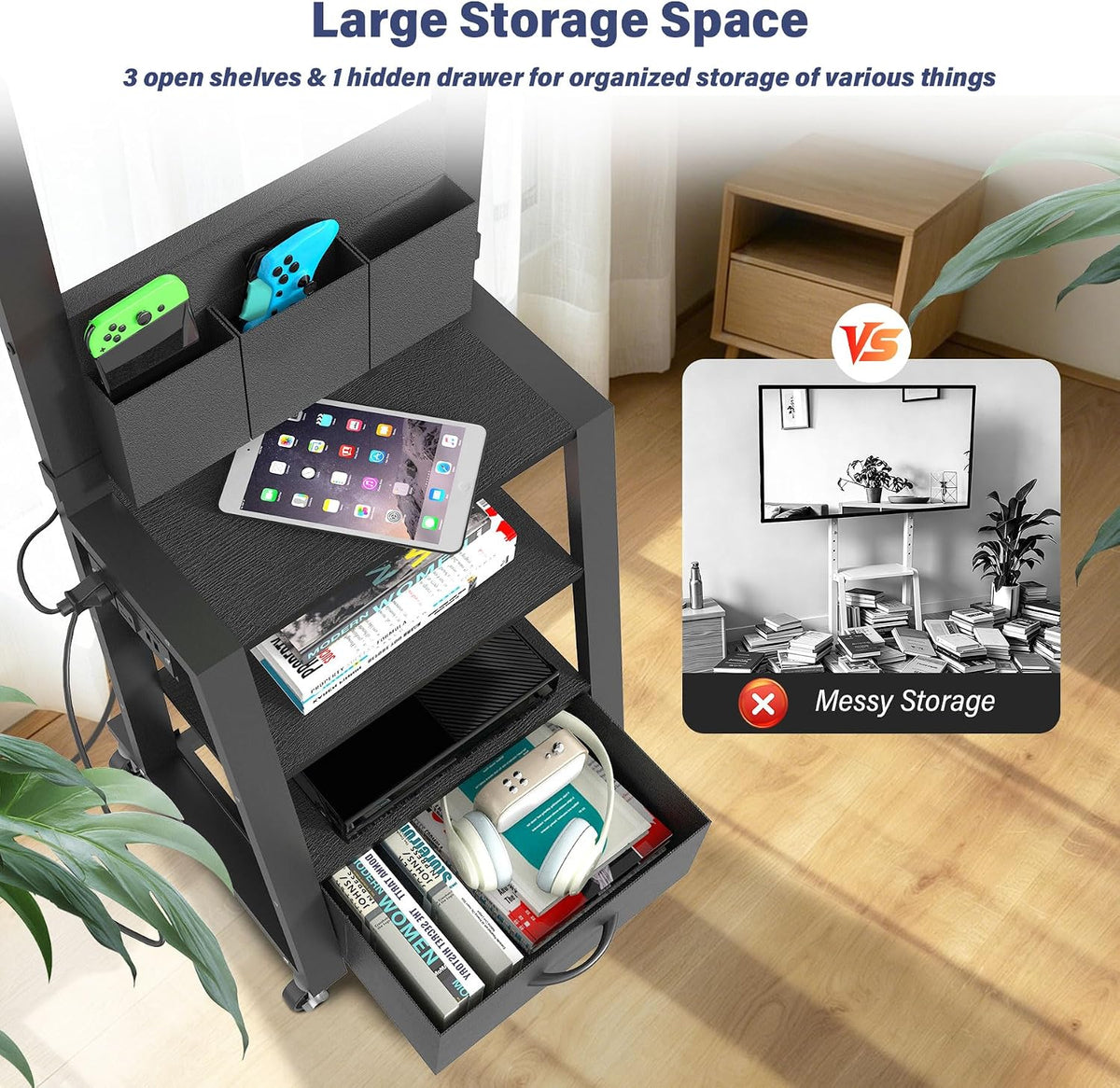 Rolling TV Stand with Power Outlet & 4-Tier Storage for 23"-60"...