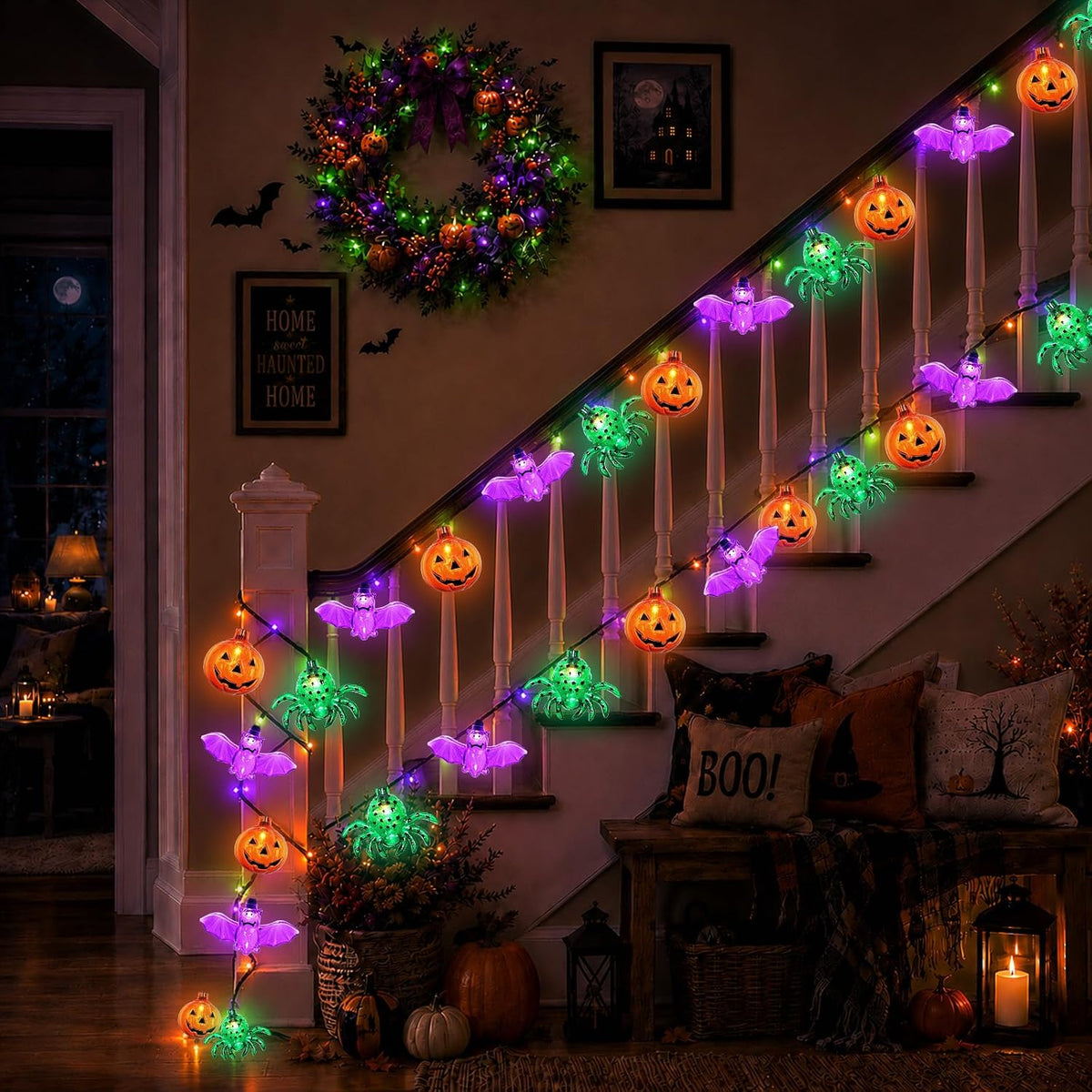 Couah Halloween Pumpkin Bat Spider LED String Lights, 12Ft Jack O Lantern Lig...