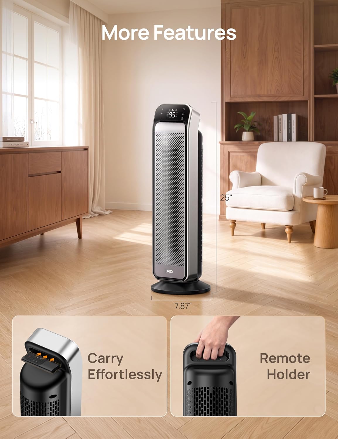 DREO Ceramic Space Heater for Indoor Use 25 Inch, Remote and Thermostat