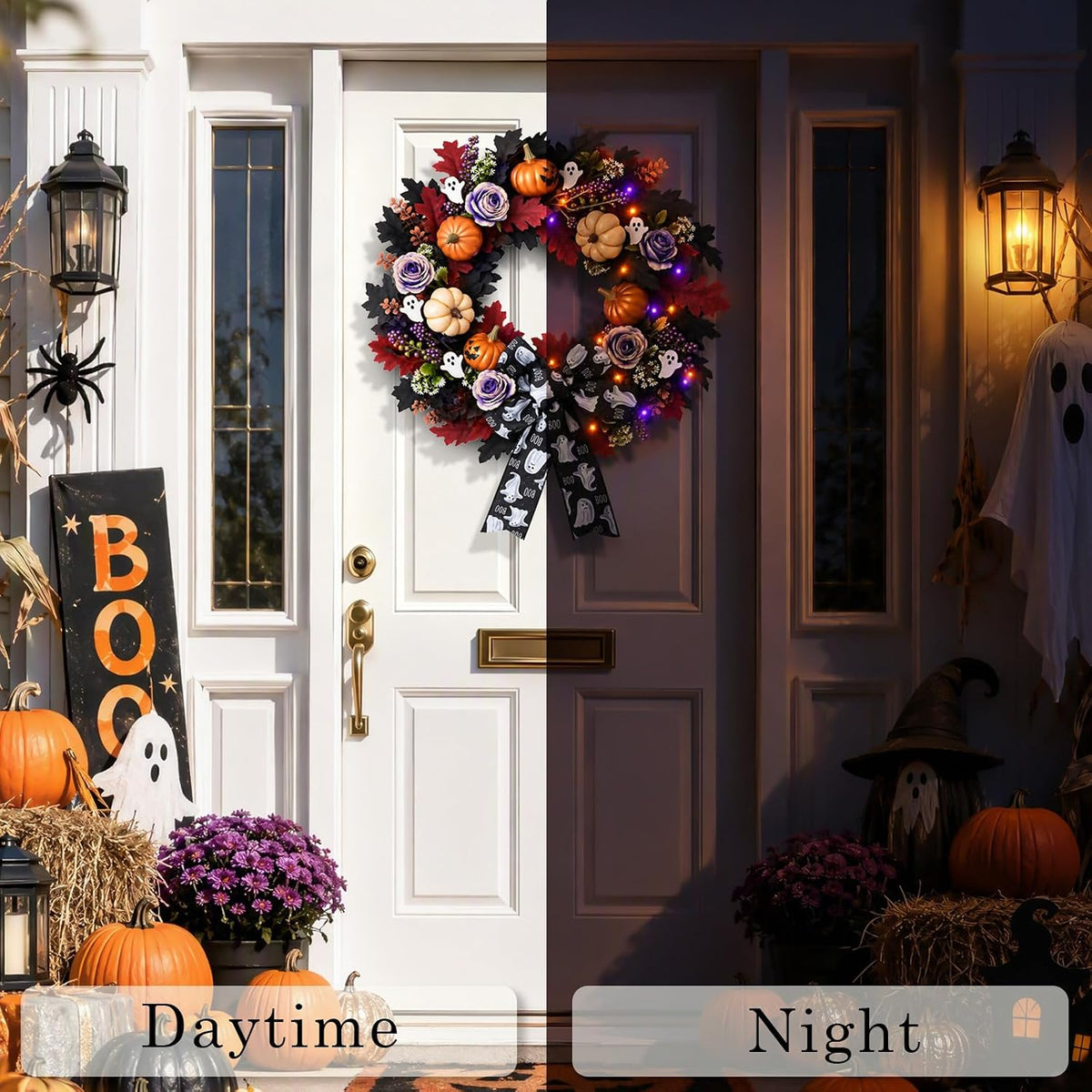 22'' Halloween Wreath for Front Door with Orange, Purple Light