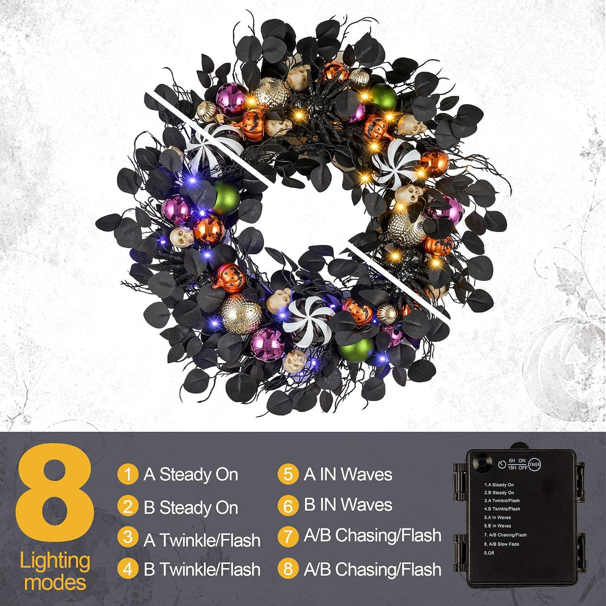 JORNOY 26-Inch Halloween Wreath with Battery Timer - Spider, Balls, Skull