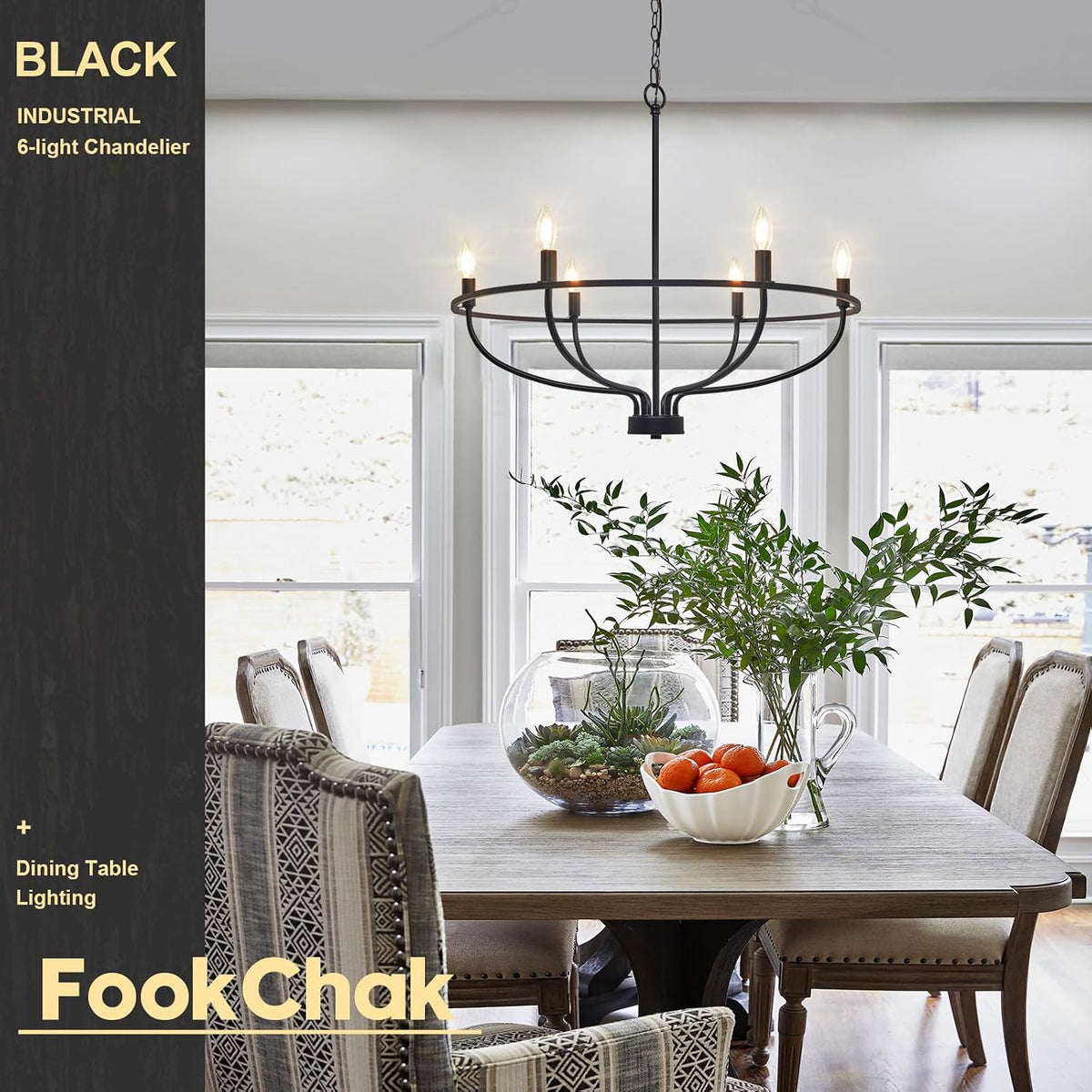 Black Farmhouse Chandelier, 6-Light Dining Room Light Fixture