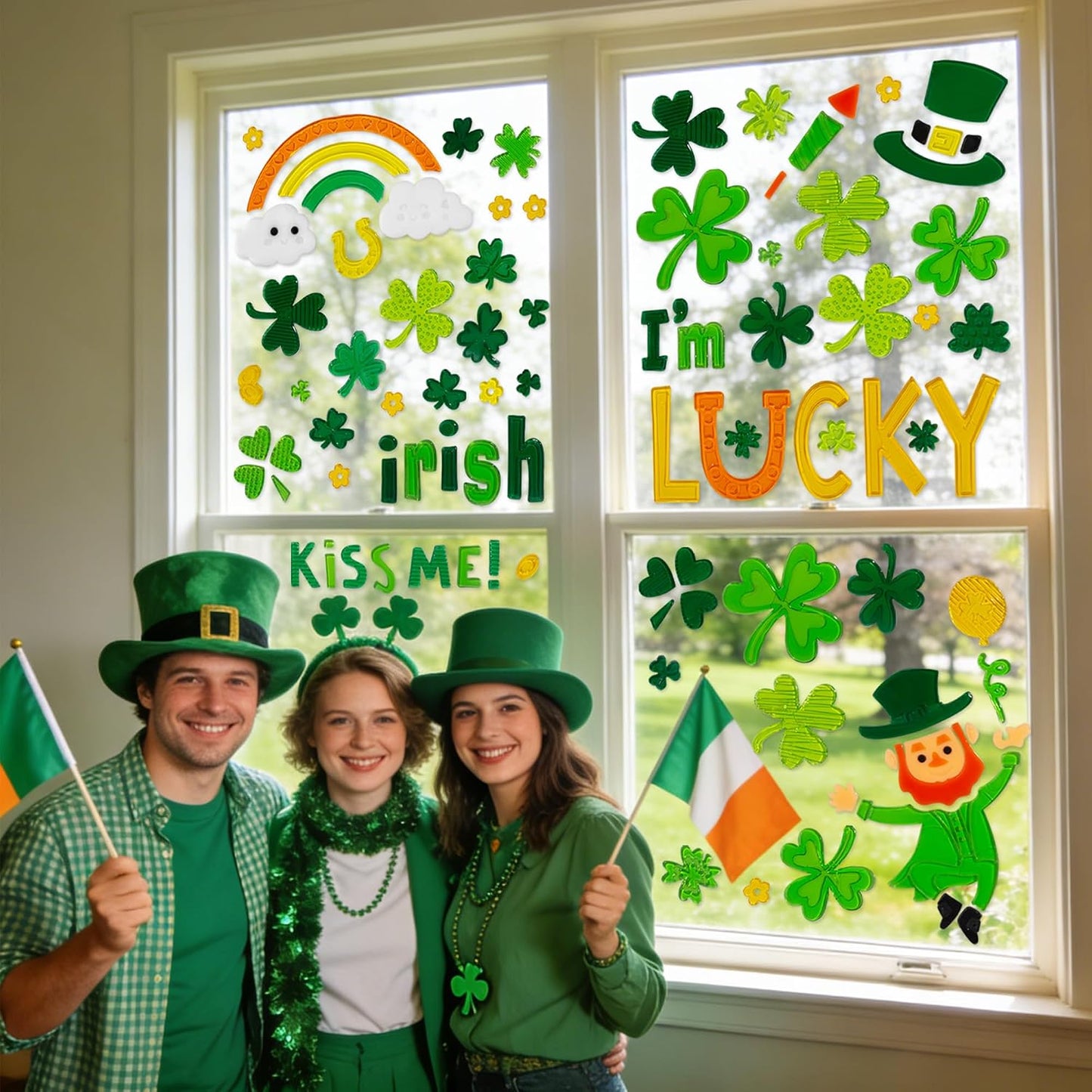 6 Pcs St Patricks Day Window clings–Reusable Window Cling for Glass Windows | Reusable window stickers for window clings with Shamrock Irish Rainbow Gnome Gel Window Clings for St Patrick Day Decorations
