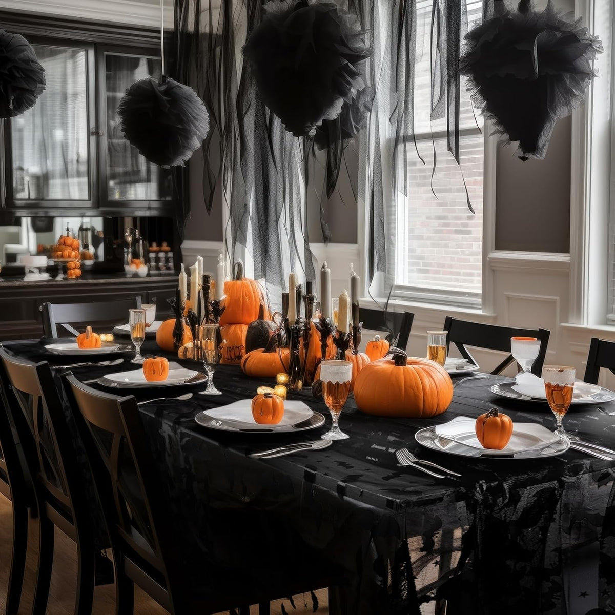 Lounsweer 6 Pcs Black Halloween Table Runner 10ft Bat Cheesecloth Tulle