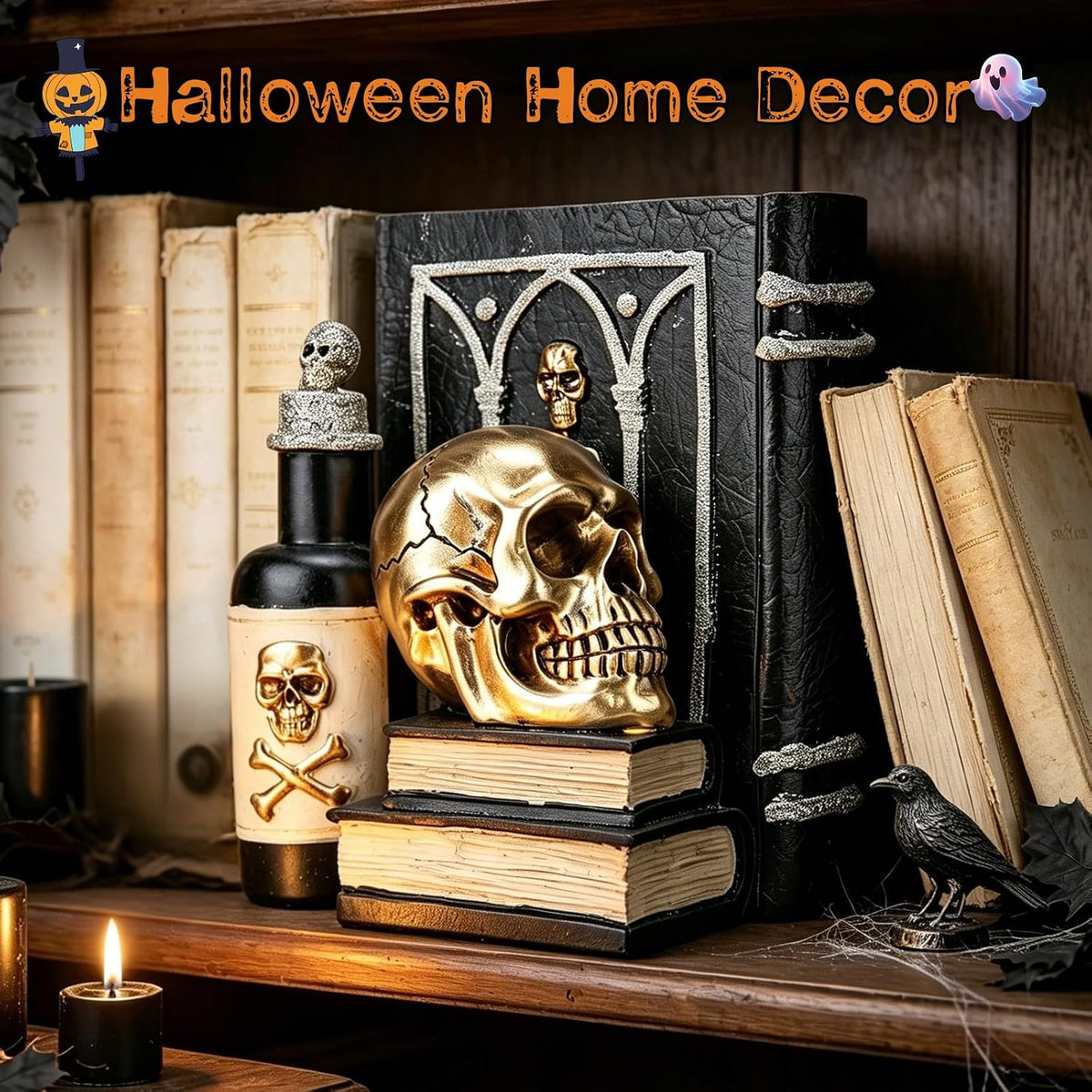 Halloween Skull Figurine, Gothic Book & Potion Bottle Indoor Tabletop Decor