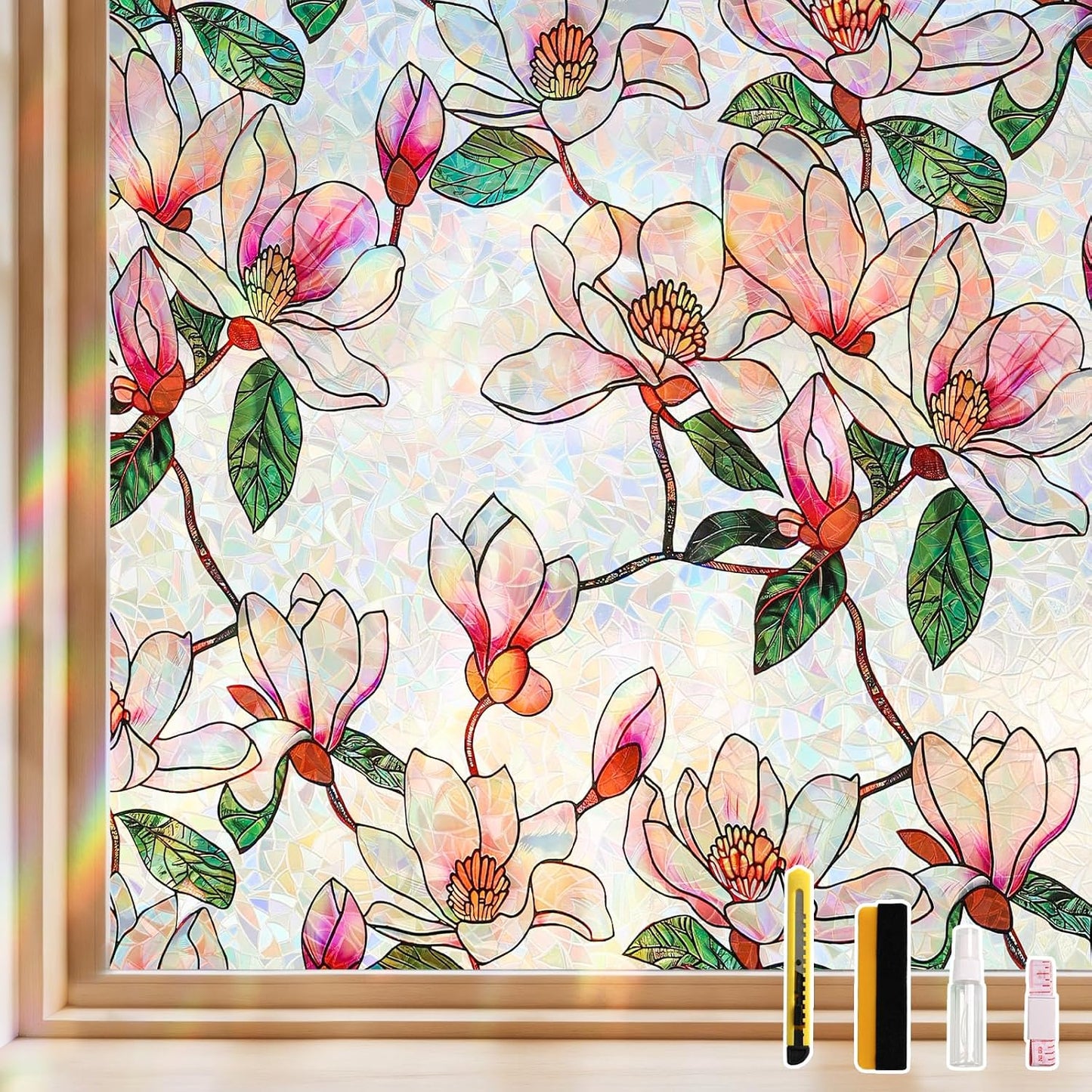 NINETREX Window Privacy Film, Stained Glass Clings, Magnolia 17.5"x78.7" | Static Cling Vinyl, UV Blocking, Non-Adhesive, Heat Control, Rainbow Floral Design, for Bathroom Door