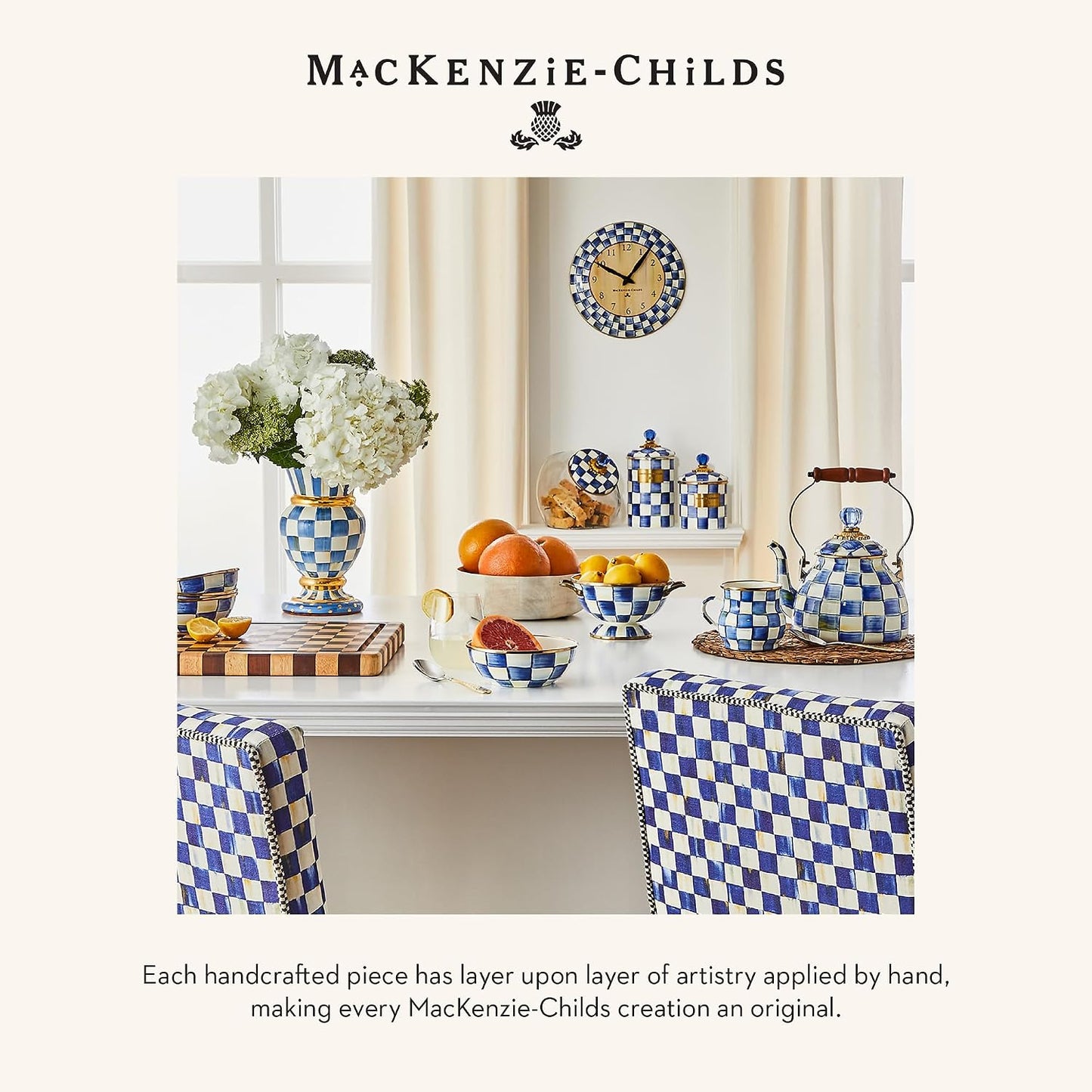 MACKENZIE-CHILDS Wall Clock, Blue-and-White Royal Check | Hand-painted design, made from enameled steel, decorative room clock, requires one AA battery (not included), 12" dia.