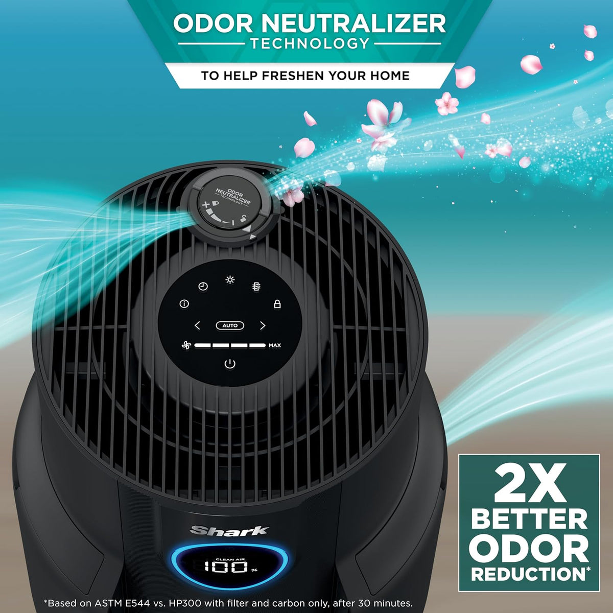 shark neverchange air purifier, hp152, charcoal on a desk or shelf