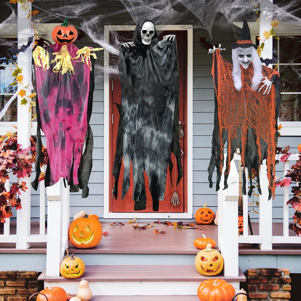 3 Pack Halloween Hanging Skeletons Witch Decorations Outdoor Indoor Decor