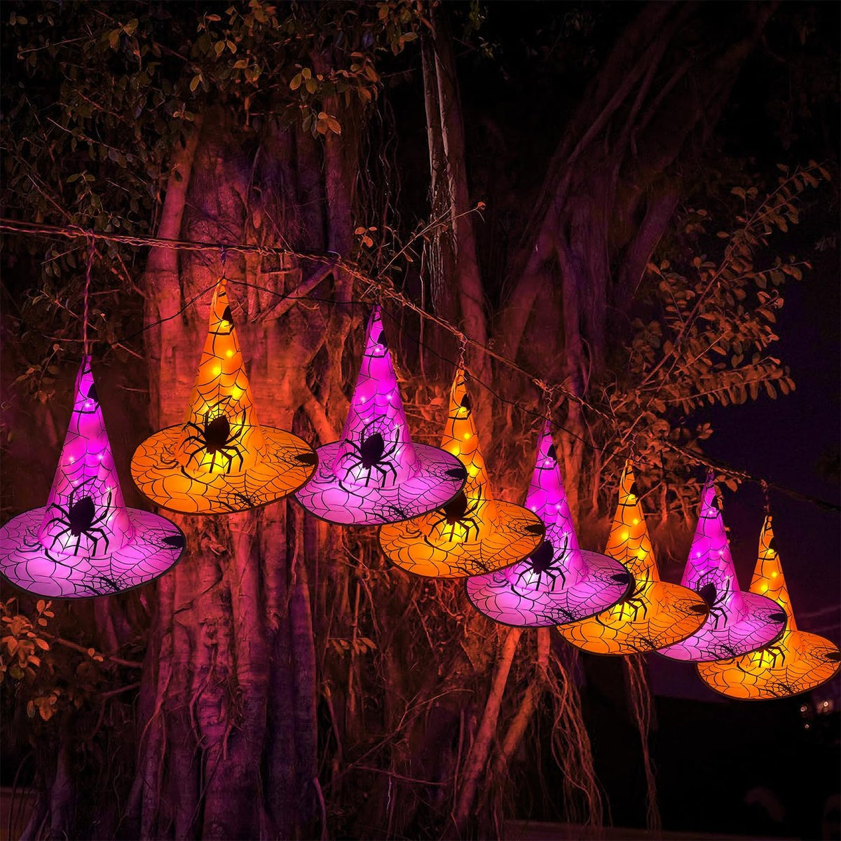WATERGLIDE Halloween Decorations, 12Pcs Lighted Hanging Witch Hats 8 Modes