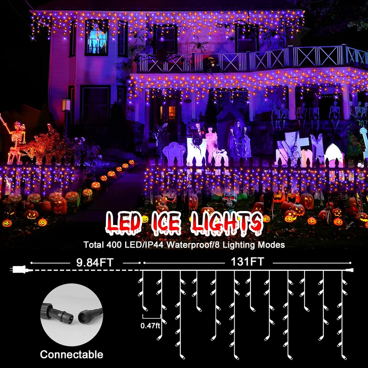 Hezbjiti 33FT 400 LED Orange Purple Halloween Lights Outdoor Decorations
