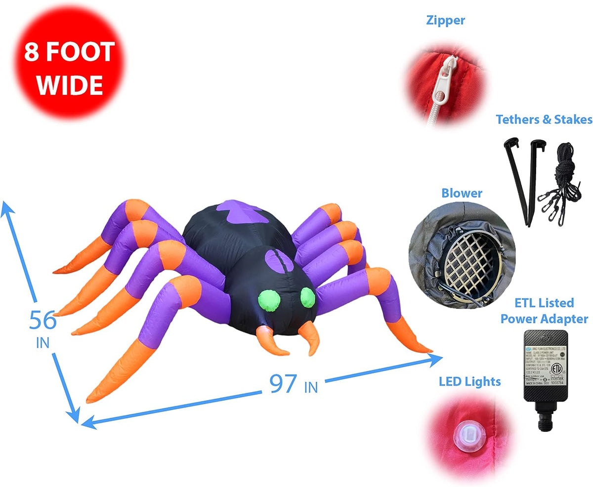 8 FT Long Halloween Inflatable Black Purple Spider LED Lights Decor