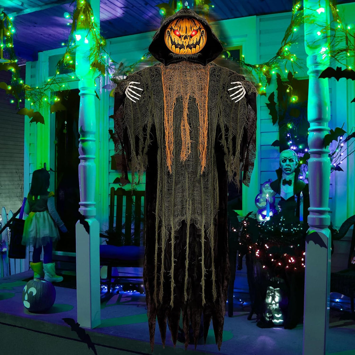 59โ Halloween Hanging Animatronics Pumpkin Decoration with Sound Activated