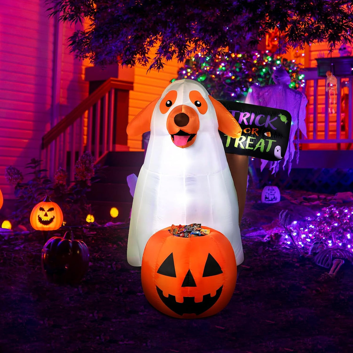Halloween Inflatables Ghost Dog 4 FT Inflatable Halloween Dog with a Pumpkin ...
