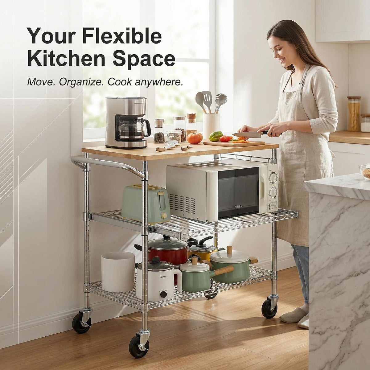 Finnhomy 3-Tier Rolling Kitchen Cart with 18" D x 36" W Oak Wood Ta...