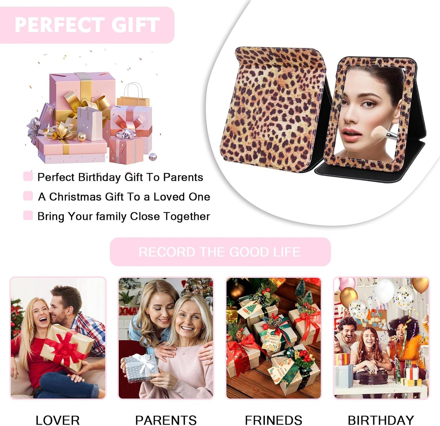 Foldable Travel Makeup Mirror, Portable PU Leather Standing Desk Mirror Rounded Corner, Large Folding Desktop Vanity Mirror with Adjustable Stand for Vanity Table, Office, Camping Leopard Print