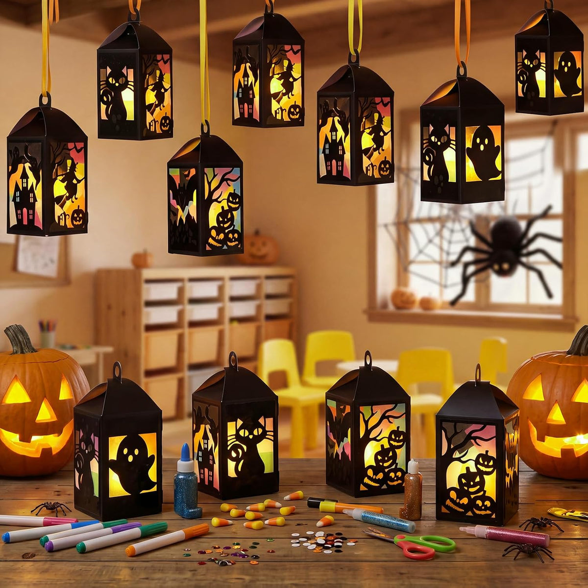 40 Sets Halloween Paper Lantern Crafts Bulk Pumpkin Ghost Suncatcher Kit