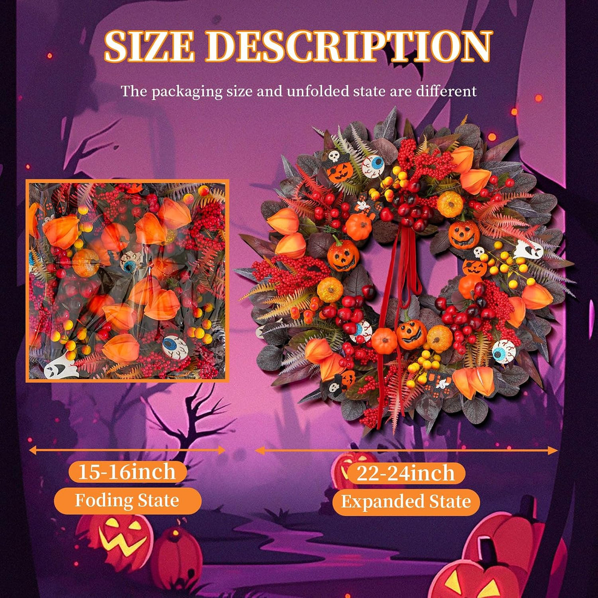 Halloween Wreaths for Front Door 24" Jack O'Lantern Halloween Wreath