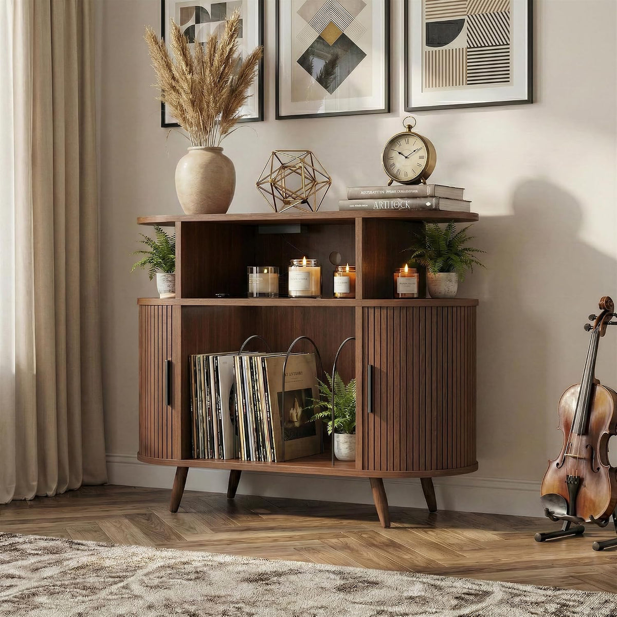 35" Record Player Stand with Storage, Media Stereo Shelf Charging, Walnut