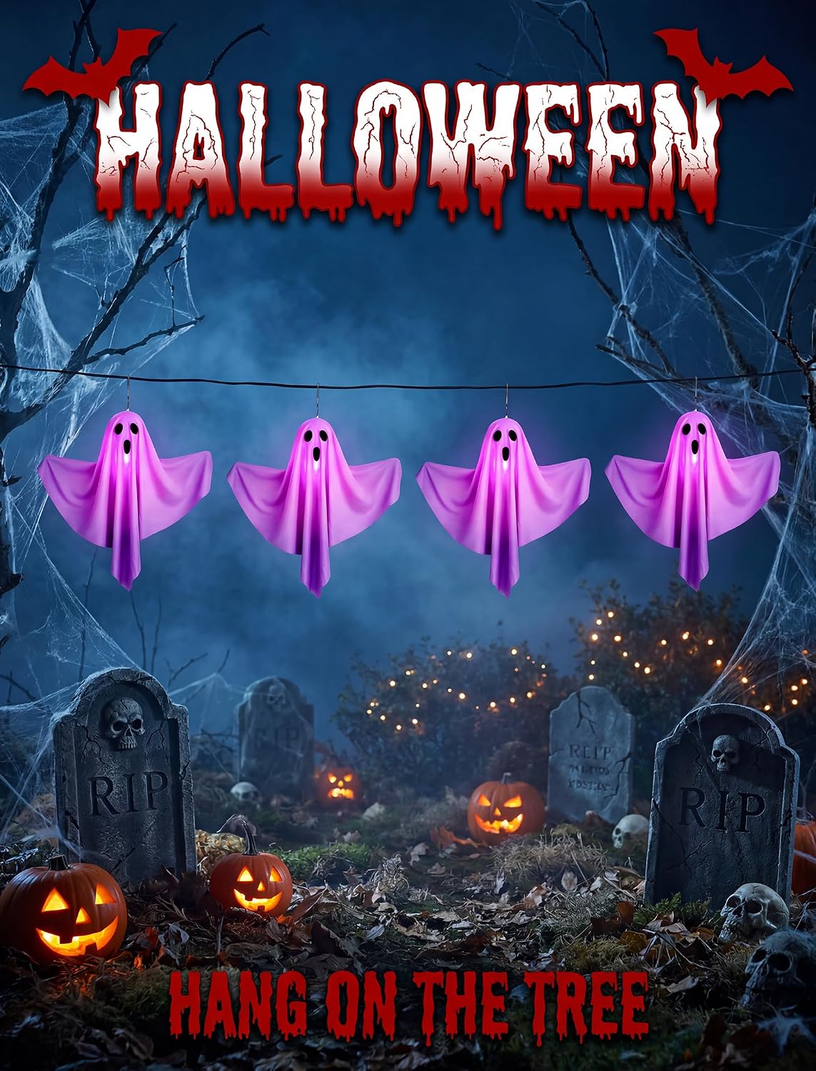 11.5FT Halloween Ghost Pathway Lights Outdoor, 4 Pack Purple Ghost Decor