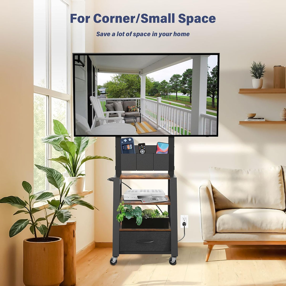 Rolling TV Stand with Power Outlet & 4-Tier Storage for 23-60 Inch Flat/C...