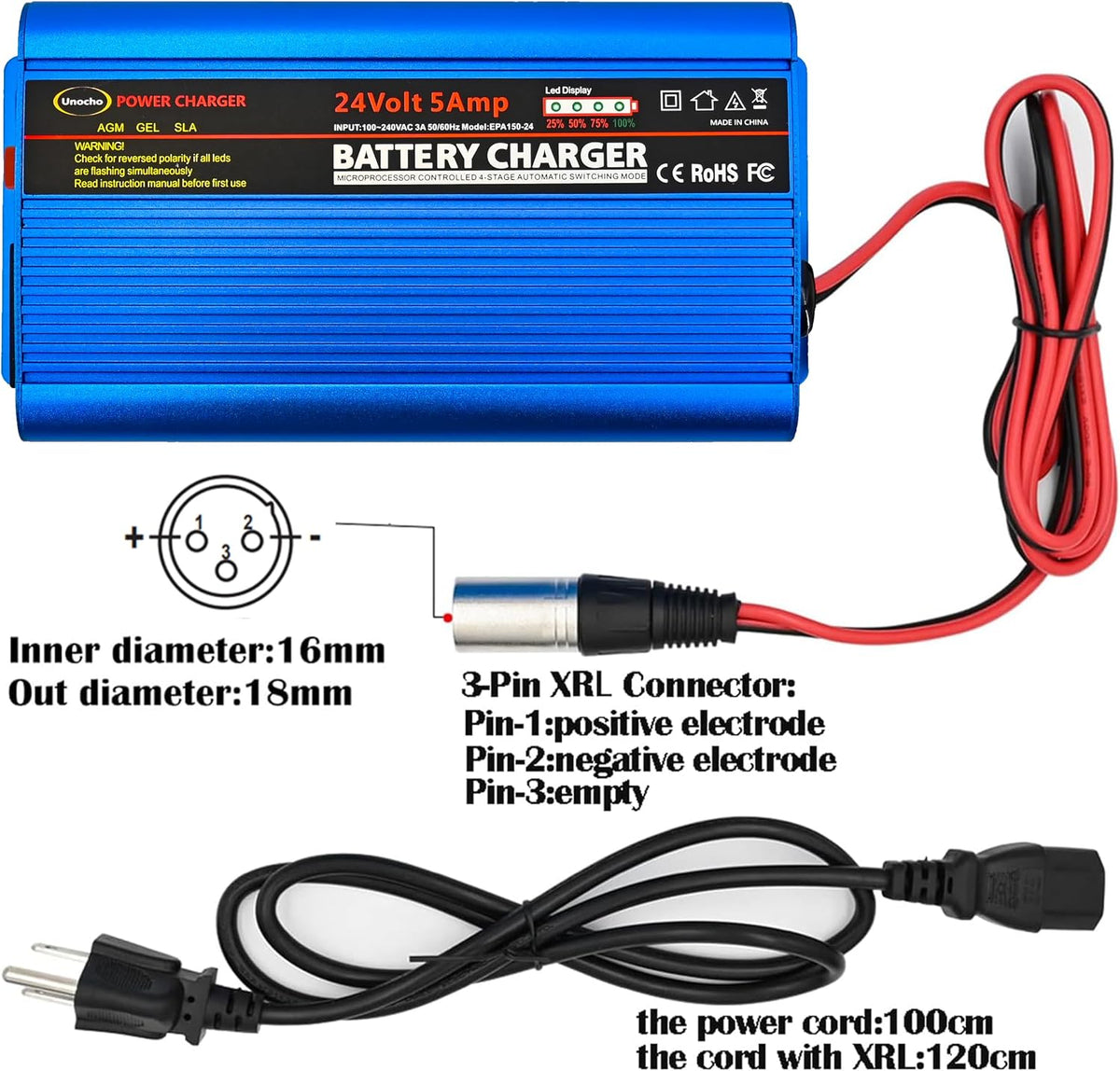 Unocho 24V 5A Battery Charger 4-Stage Smart Lead-Acid Charger with 3-Pin XLR ...