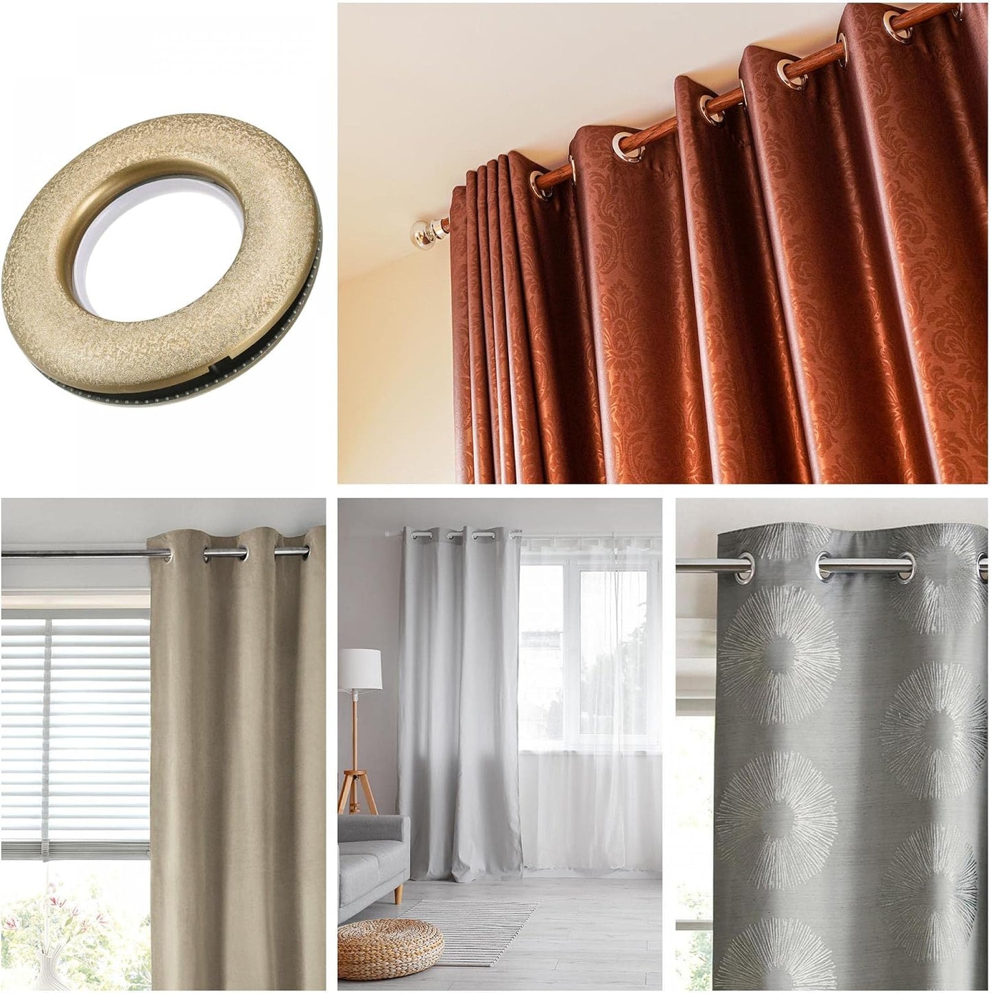 uxcell 24 Pack Curtain Grommets 1-9/16 inch (40mm) Inner Dia Low Noise Sliding Sheers Rings Plastic Curtain Hole Eyelet Rings, Gold Tone